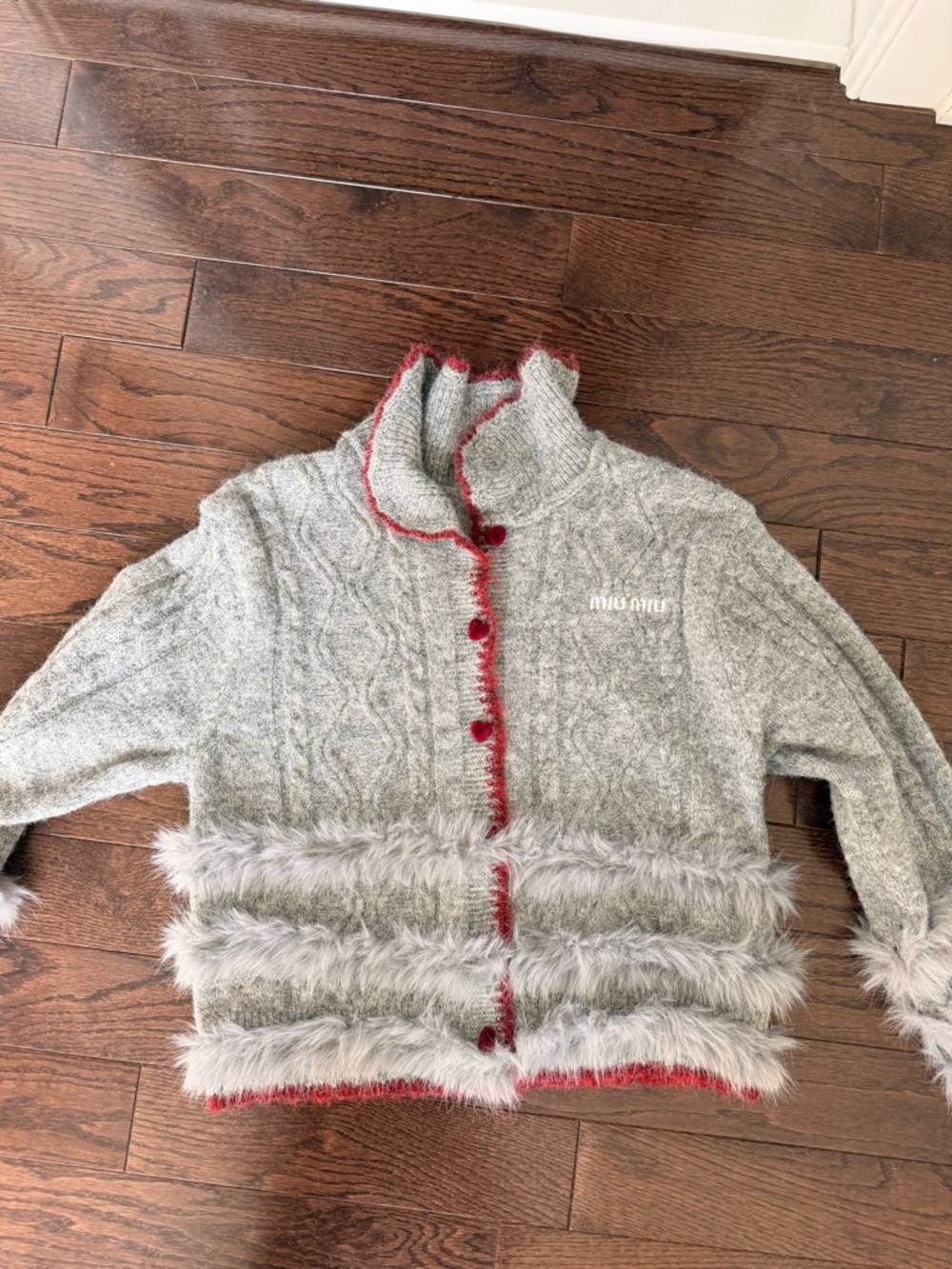 Miu Miu Gray Cable-Knit Cardigan with Red Trim and Faux Fur